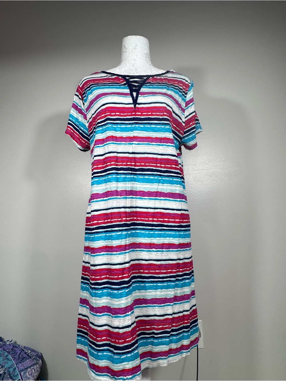 new directions Striped Short-Sleeve Midi Dress in Teal, Magenta & Navy